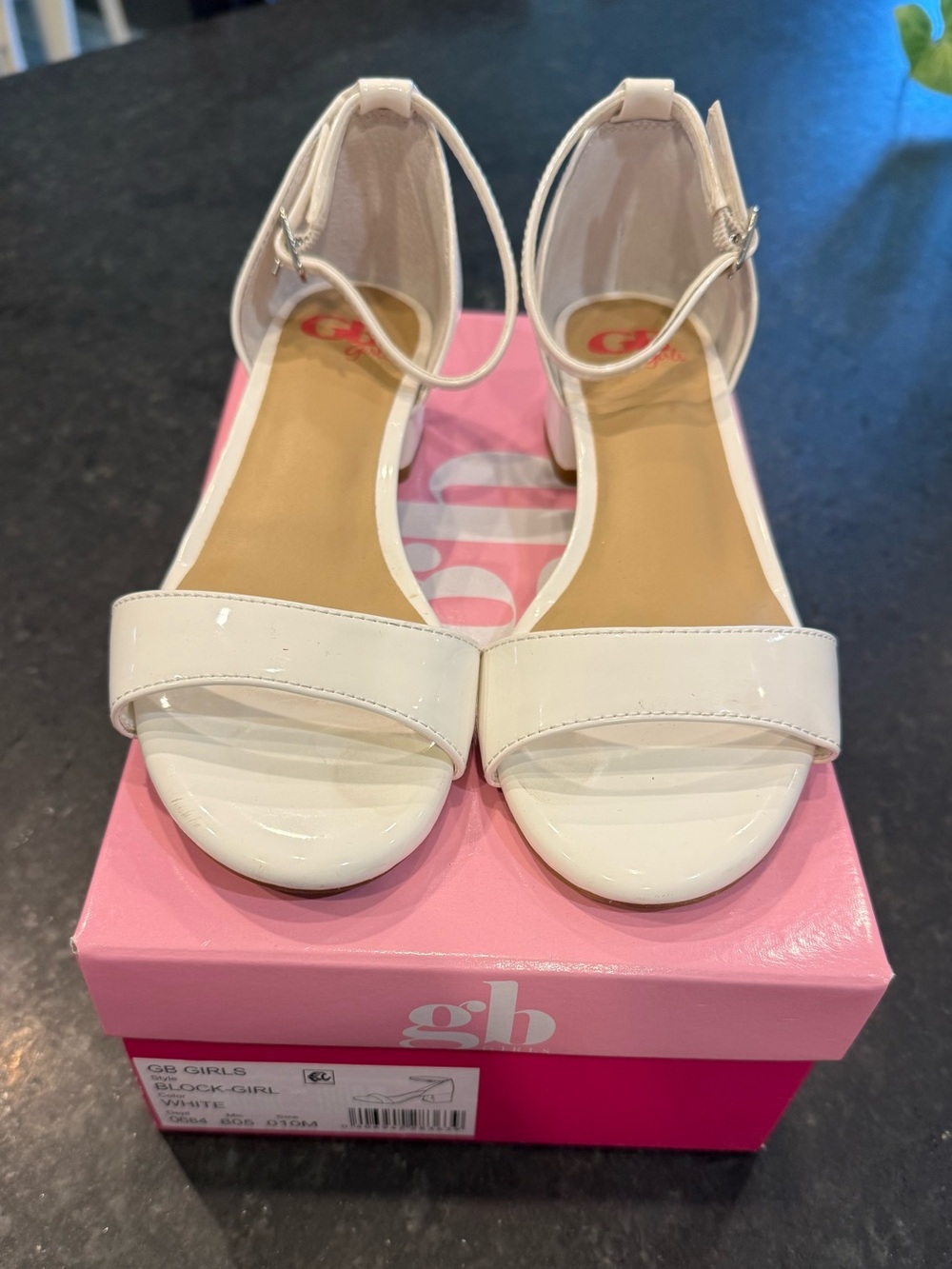 GB Girls Block-Girl White Patent Ankle-Strap Block Heel Sandals Sz 1